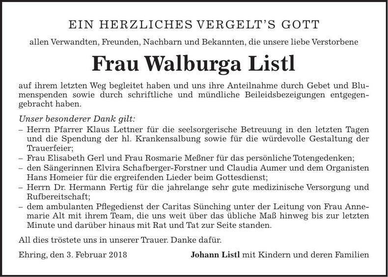 Traueranzeige Walburga Listl