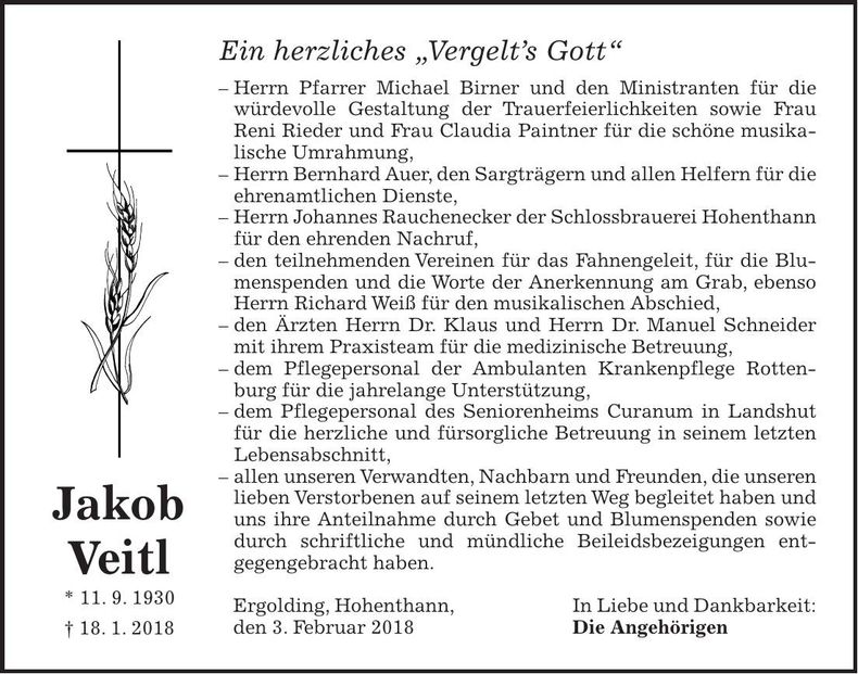 Traueranzeige Jakob Veitl