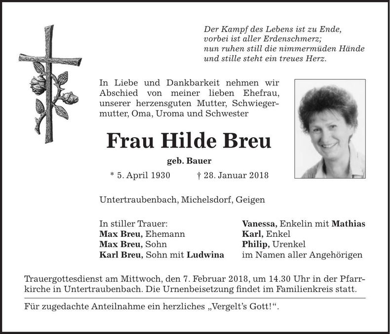 Traueranzeige Hilde Breu