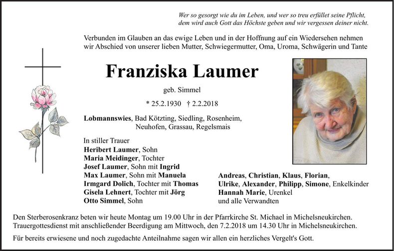 Traueranzeige Franziska Laumer