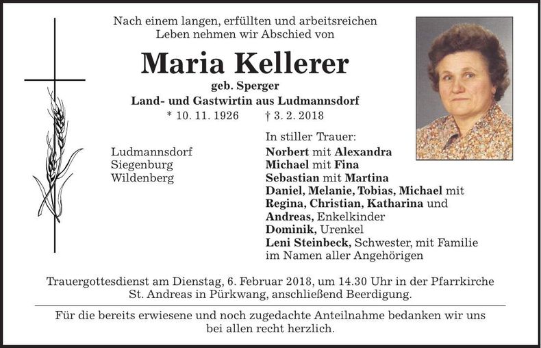 Traueranzeige Maria Kellerer