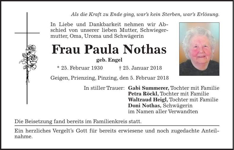 Traueranzeige Paula Nothas