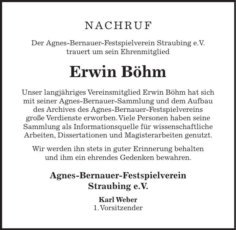 Traueranzeige Erwin Böhm