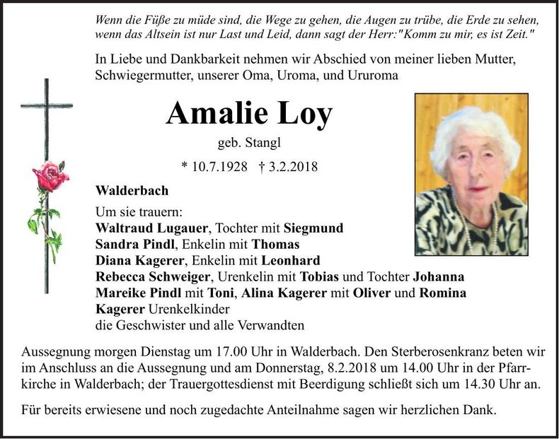 Traueranzeige Amalie Loy