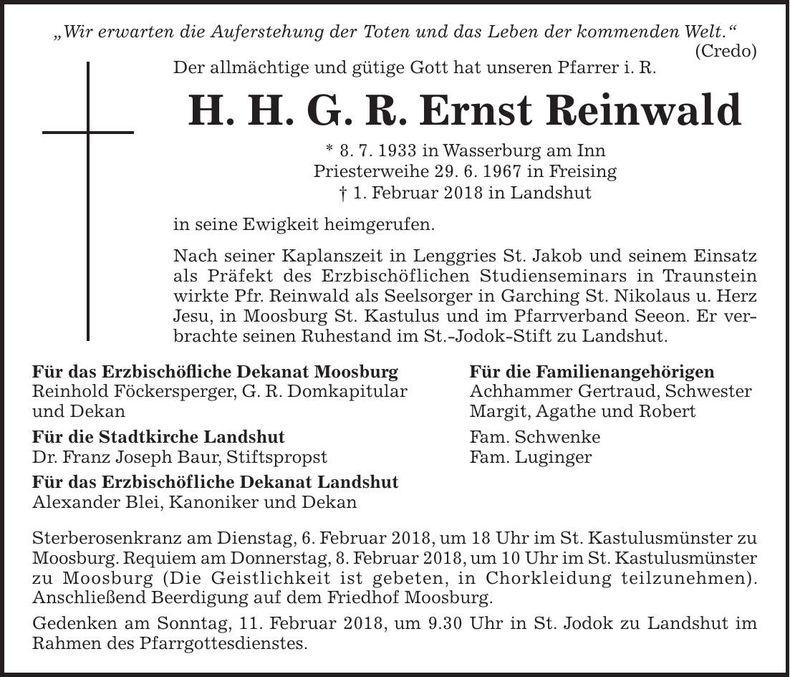 Traueranzeige H. H. G.R. Ernst Reinwald