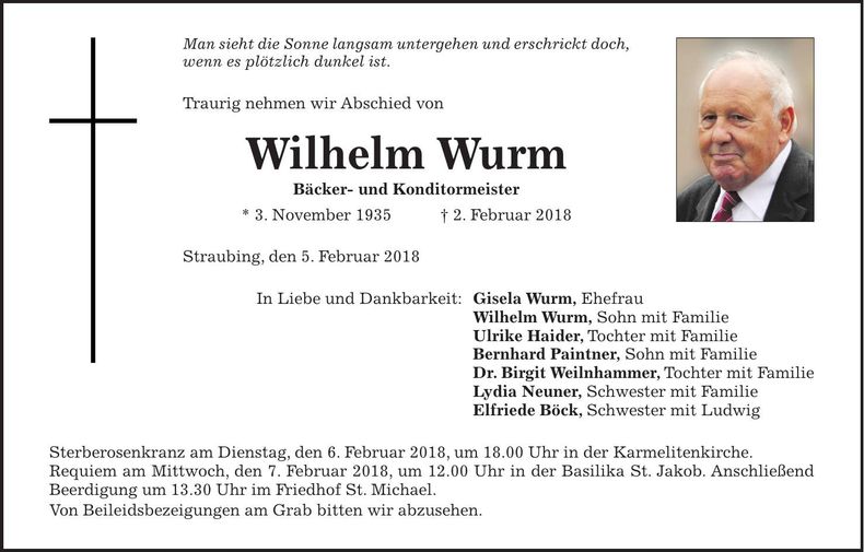 Traueranzeige Wilhelm Wurm