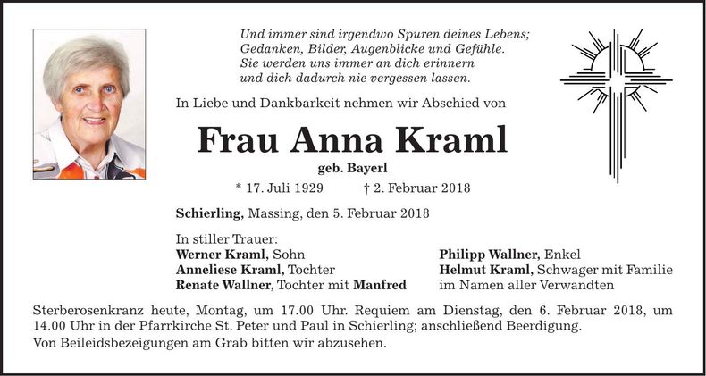 Traueranzeige Anna Kraml