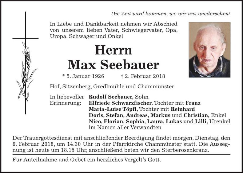 Traueranzeige Max Seebauer