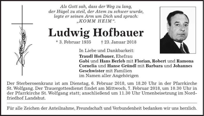 Traueranzeige Ludwig Hofbauer