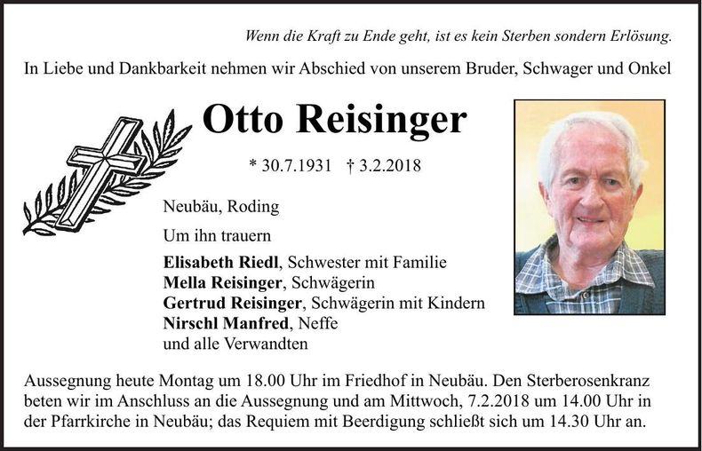 Traueranzeige Otto Reisinger