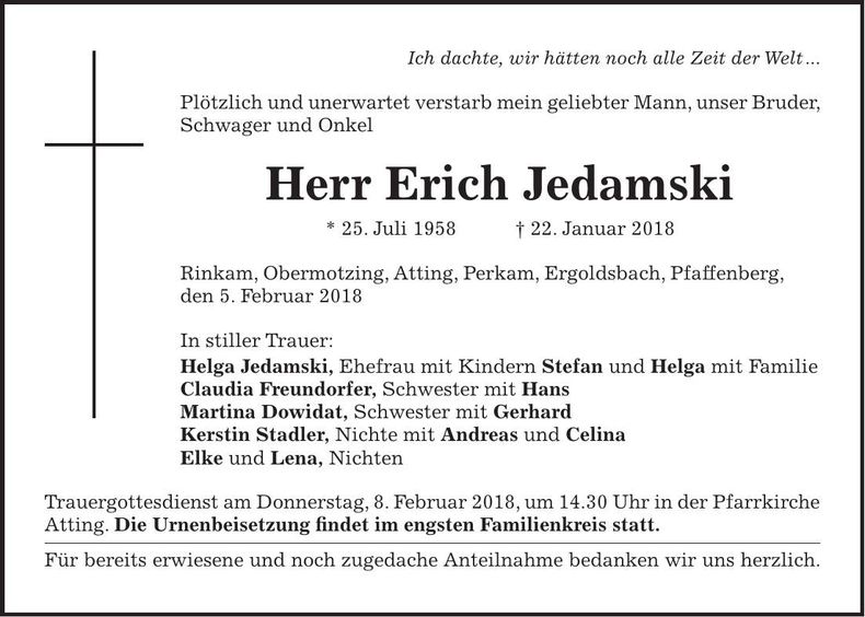 Traueranzeige Erich Jedamski