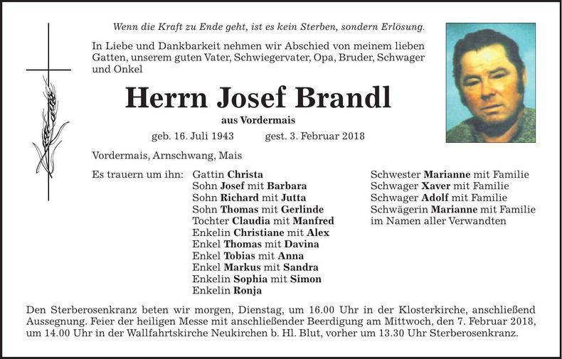 Traueranzeige Josef Brandl