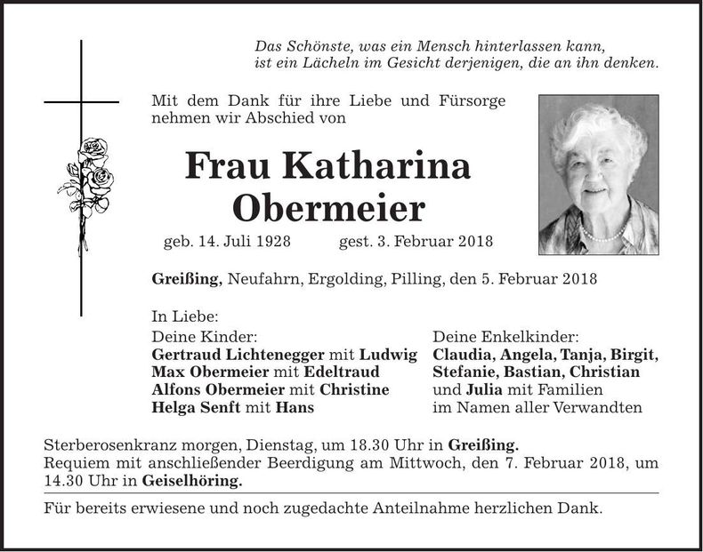 Traueranzeige Katharina Obermeier