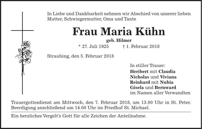Traueranzeige Maria Kühn