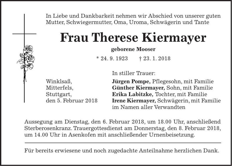 Traueranzeige Therese Kiermayer