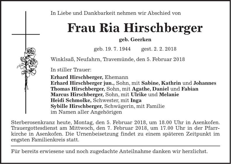 Traueranzeige Ria Hirschberger