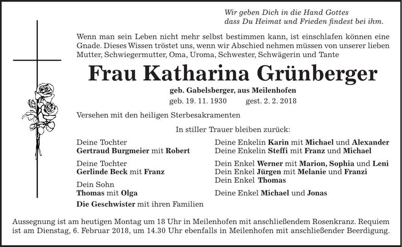 Traueranzeige Katharina Grünberger