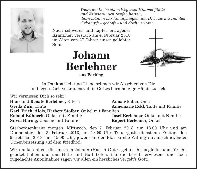 Traueranzeige Johann Berlehner