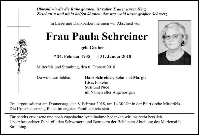 Traueranzeige Paula Schreiner