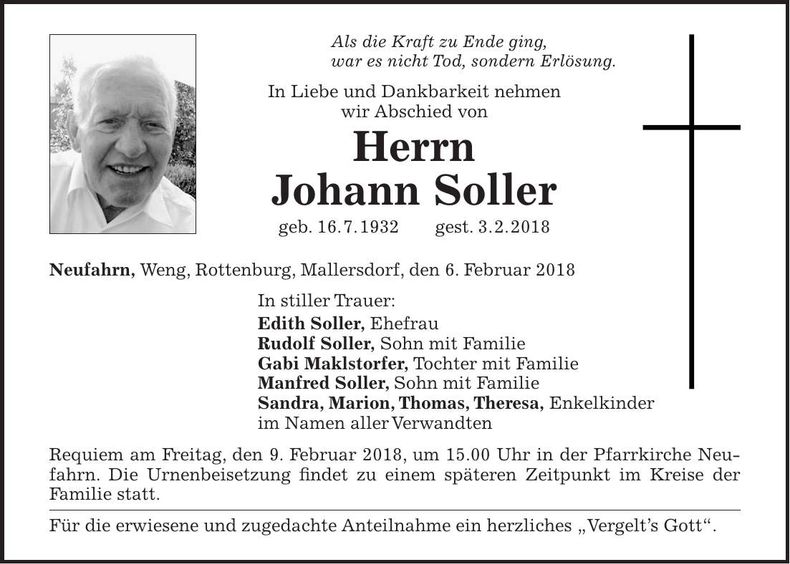 Traueranzeige Johann Soller