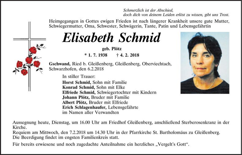 Traueranzeige Elisabeth Schmid