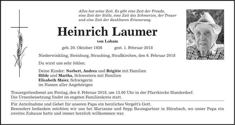 Traueranzeige Heinrich Laumer