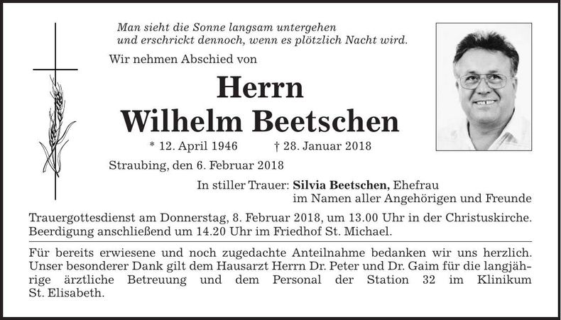 Traueranzeige Wilhelm Beetschen