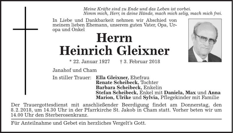 Traueranzeige Helmut Gleixner
