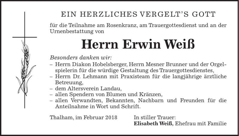 Traueranzeige Erwin Weiß