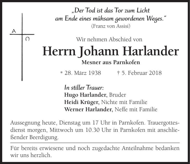 Traueranzeige Johann Harlander