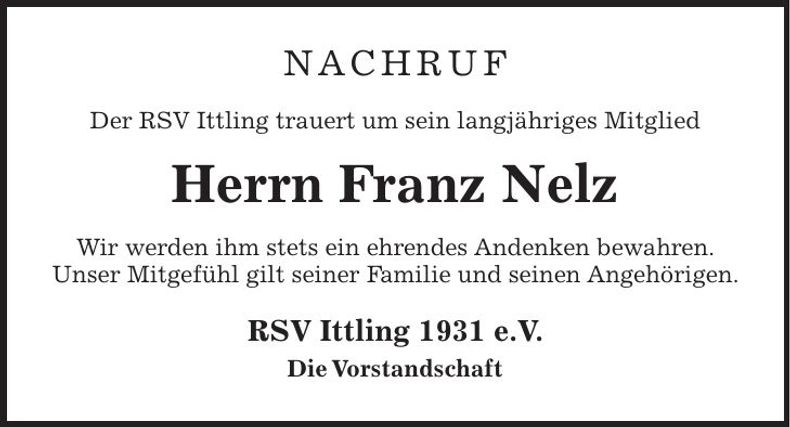 Traueranzeige Franz Nelz