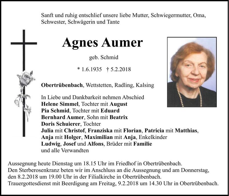 Traueranzeige Agnes Aumer