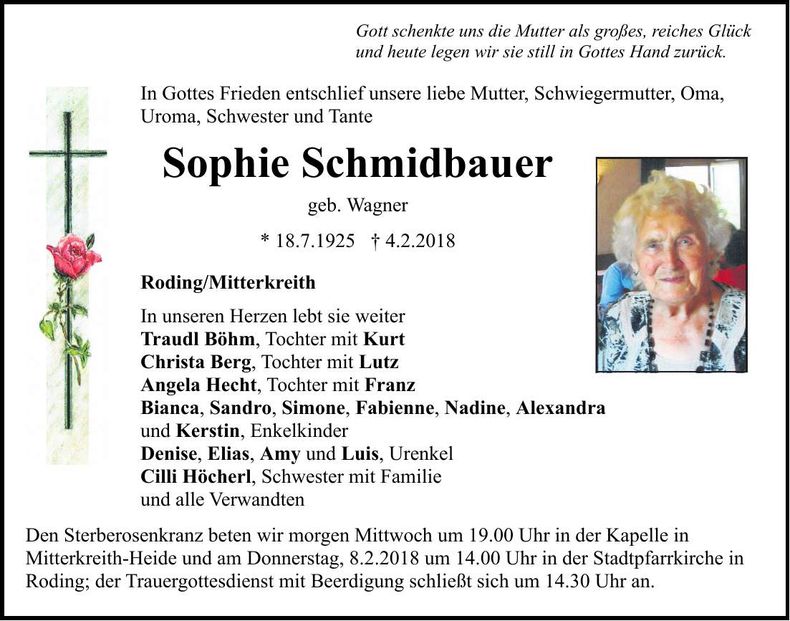 Traueranzeige Sophie Schmidbauer