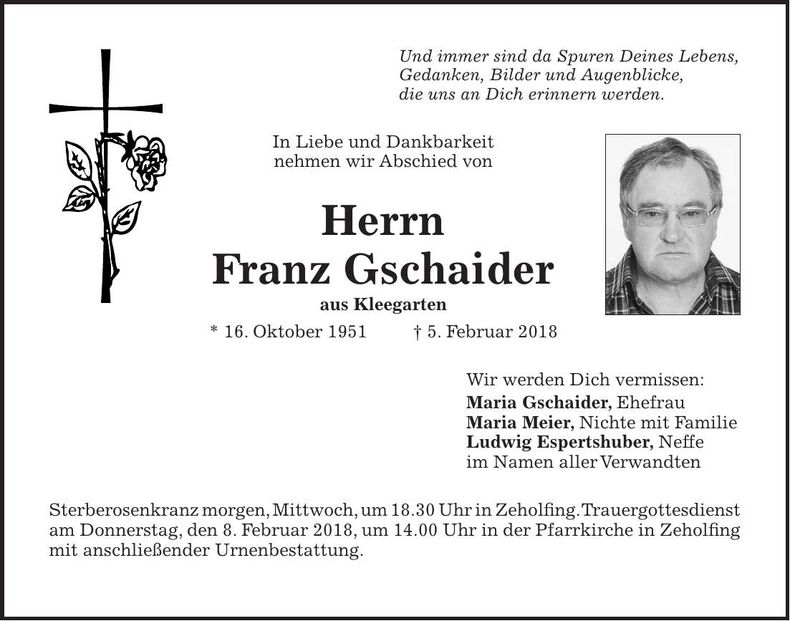 Traueranzeige Franz Gschaider