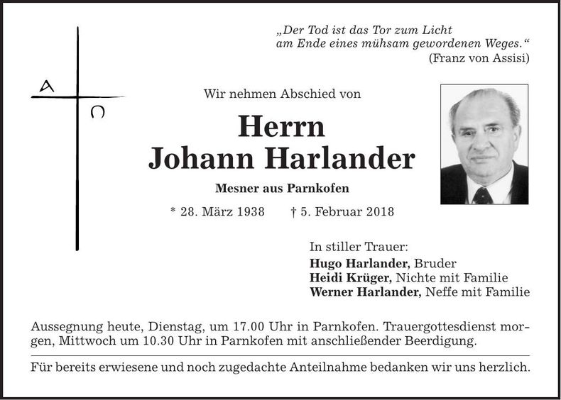 Traueranzeige Johann Harlander