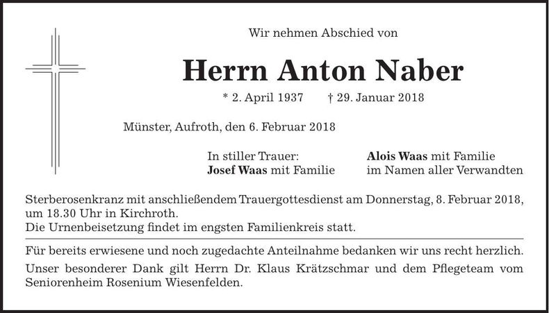 Traueranzeige Anton Naber