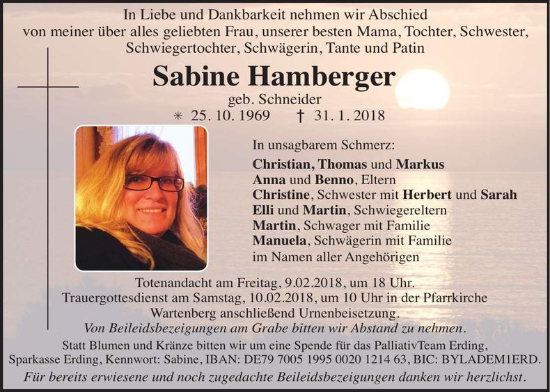 Traueranzeige Sabine Hamberger