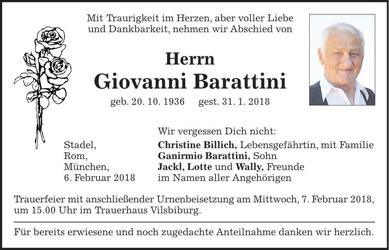 Traueranzeige Giovanni Barattini