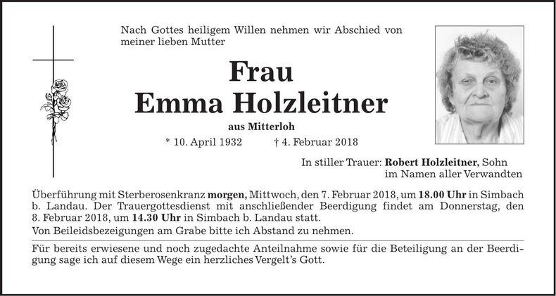 Traueranzeige Emma Holzleitner