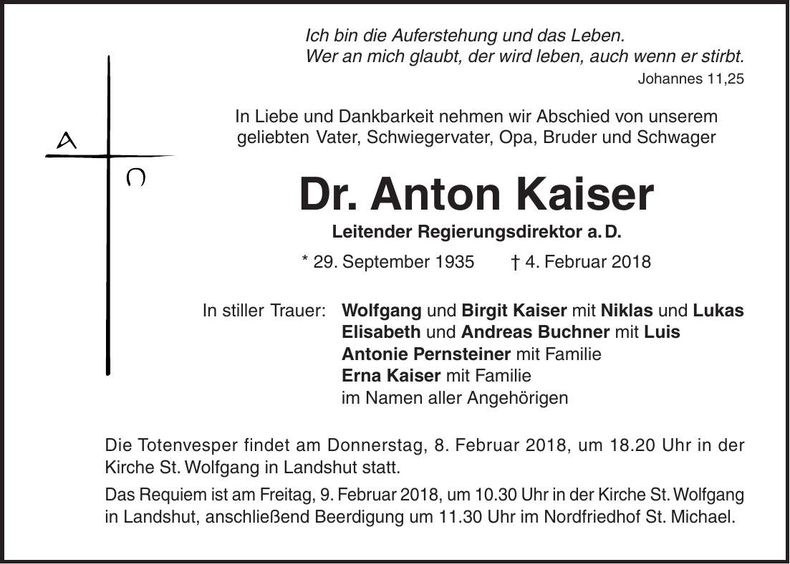 Traueranzeige Anton Kaiser