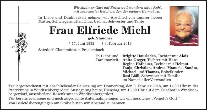 Traueranzeige Elfriede Michl