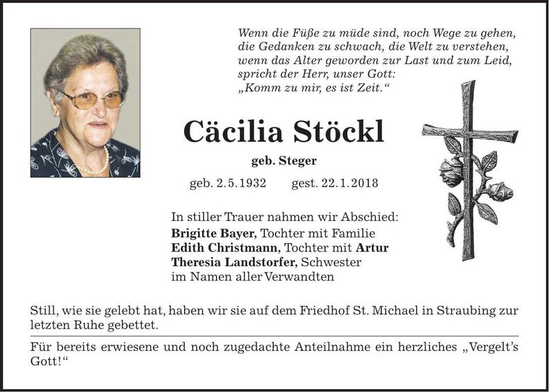 Traueranzeige Cäcilia Stöckl