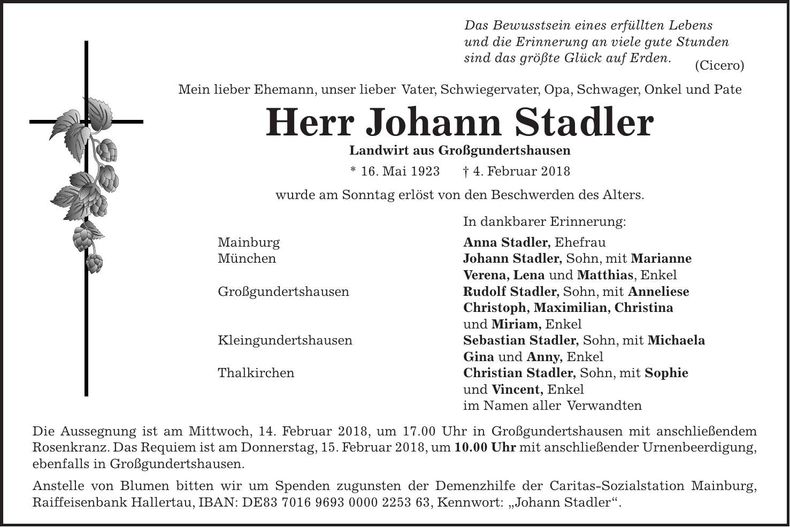 Traueranzeige Johann Stadler