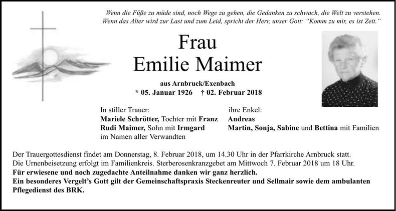 Traueranzeige Emilie Maimer