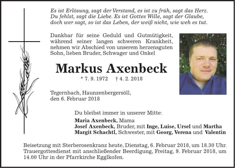 Traueranzeige Markus Axenbeck