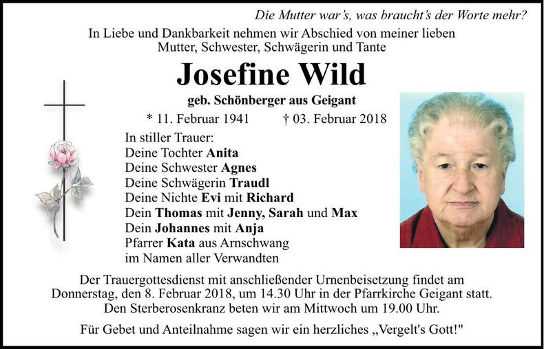 Traueranzeige Josefine Wild