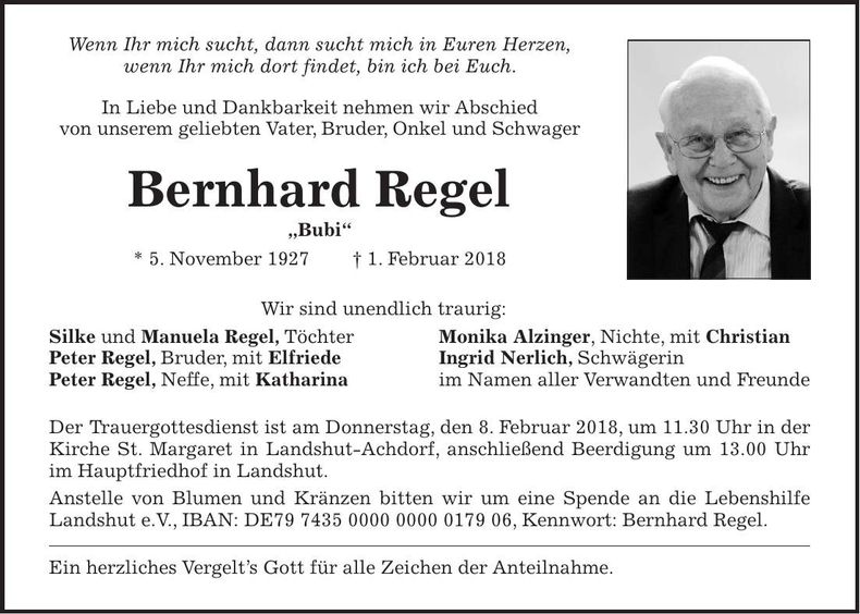 Traueranzeige Bernhard Regel