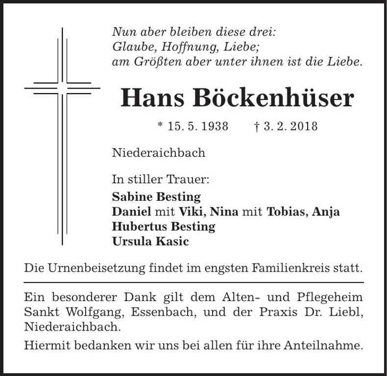 Traueranzeige Hans Böckenhüser