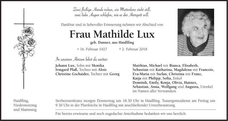 Traueranzeige Mathilde Lux