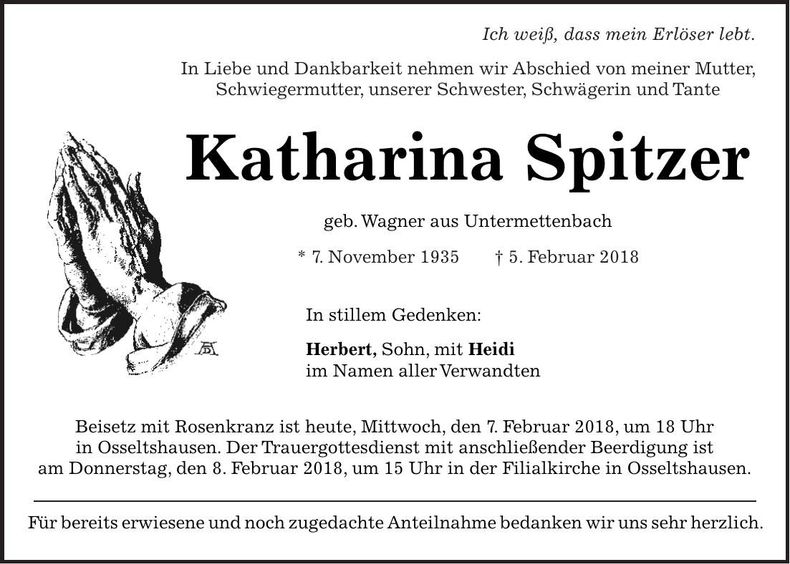 Traueranzeige Katharina Spitzer
